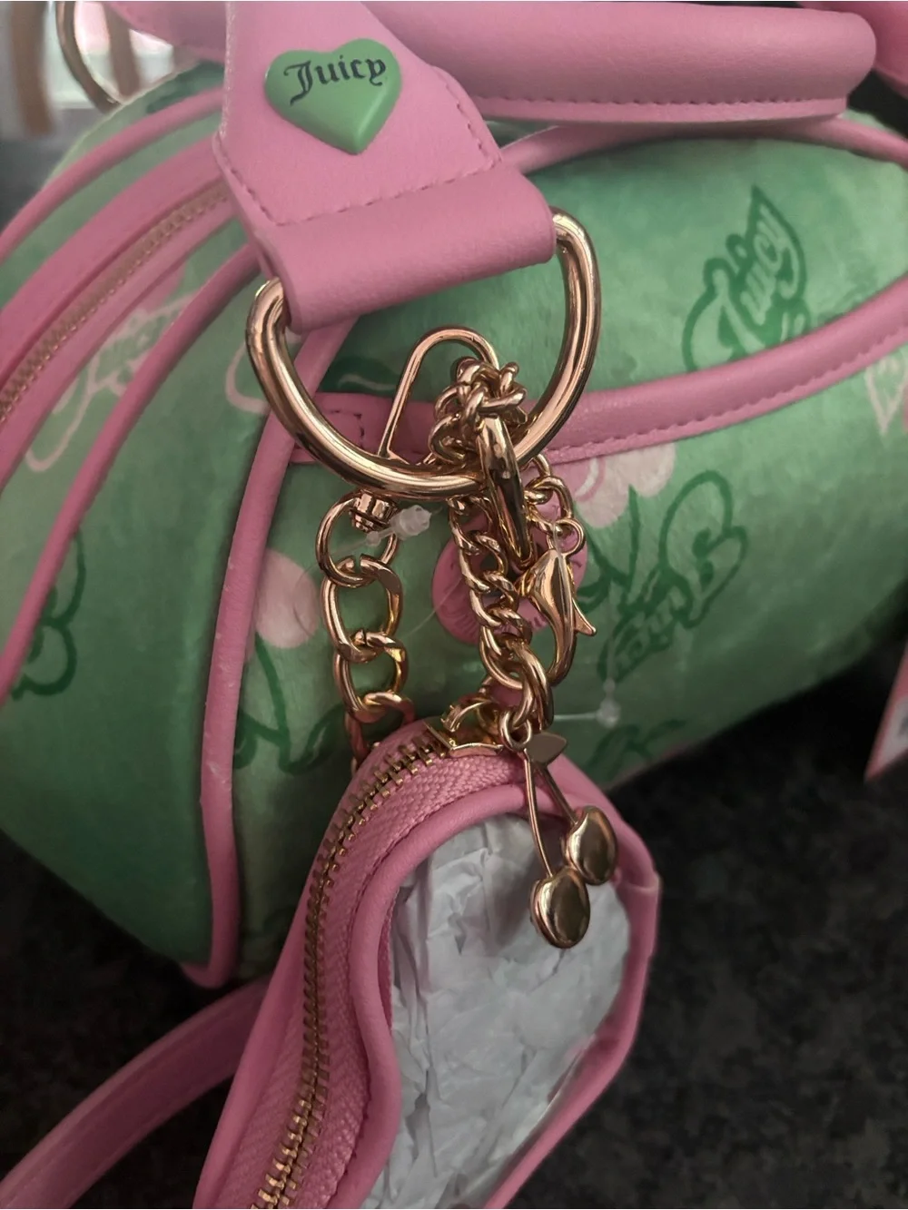 NWT Juicy Couture Retro Pink & Green Barrel Satchel with Cherry Gelato Accent - Picture 5 of 12